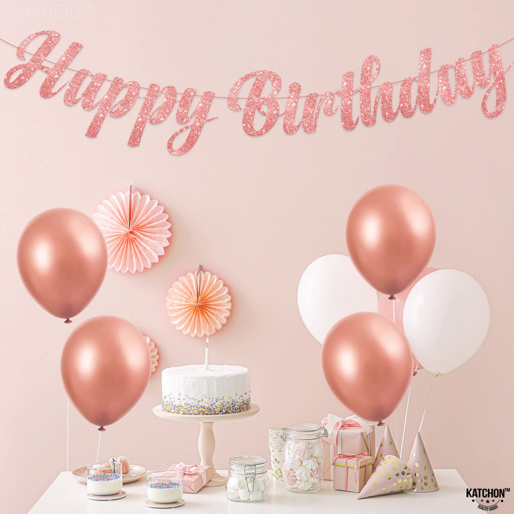 KatchOn Pre-Strung Rose Gold Glitter Happy Birthday Banner - 10 Ft, No DIY, Reusable