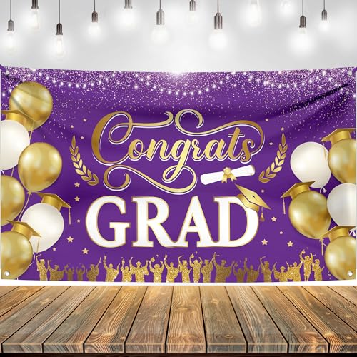 KatchOn Purple and Gold Congrats Grad Banner 72x44 Inch - Class of 2026 Graduation Decorations