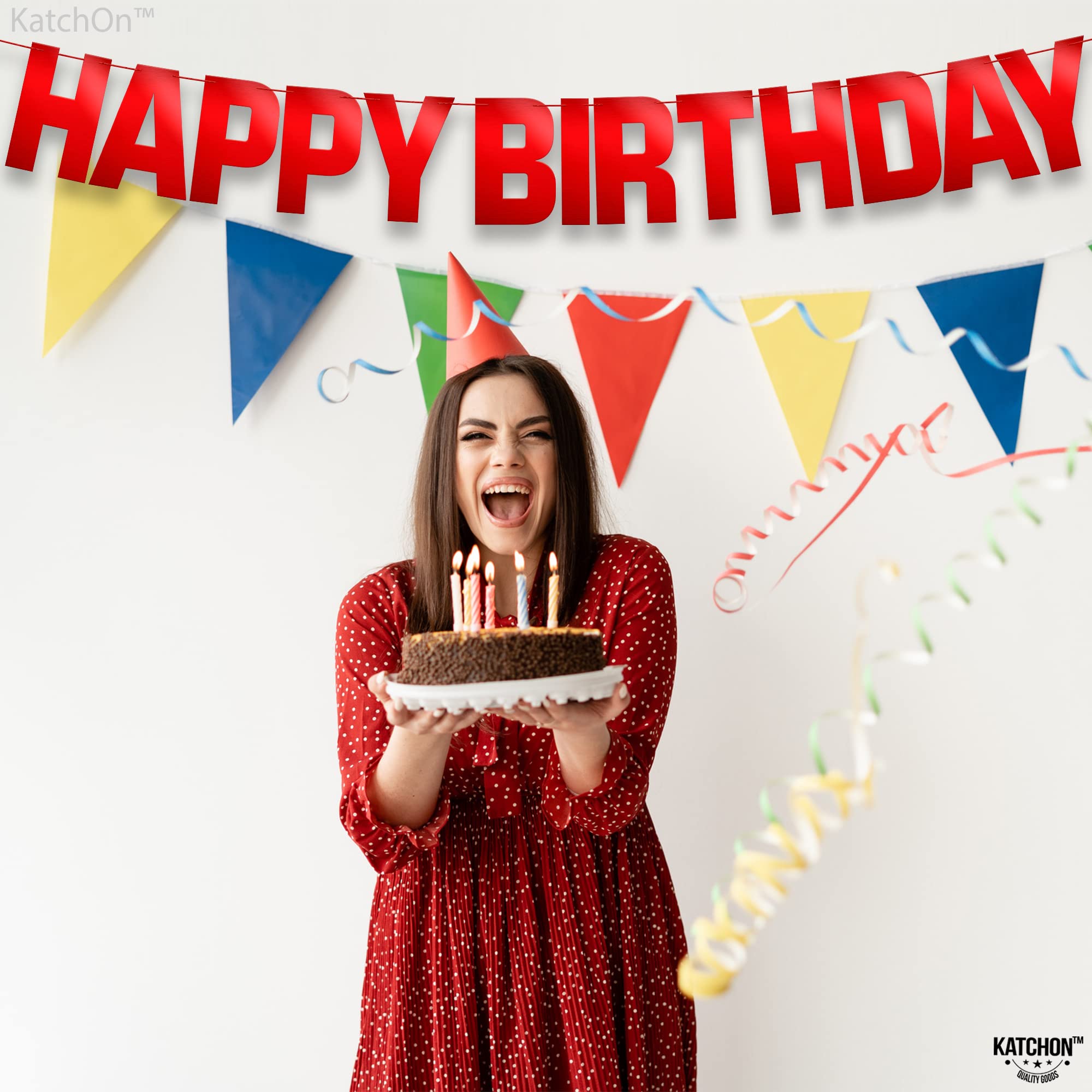 KatchOn Red Happy Birthday Banner – Pre-Strung 10ft Shiny Cardstock for Birthday Decor