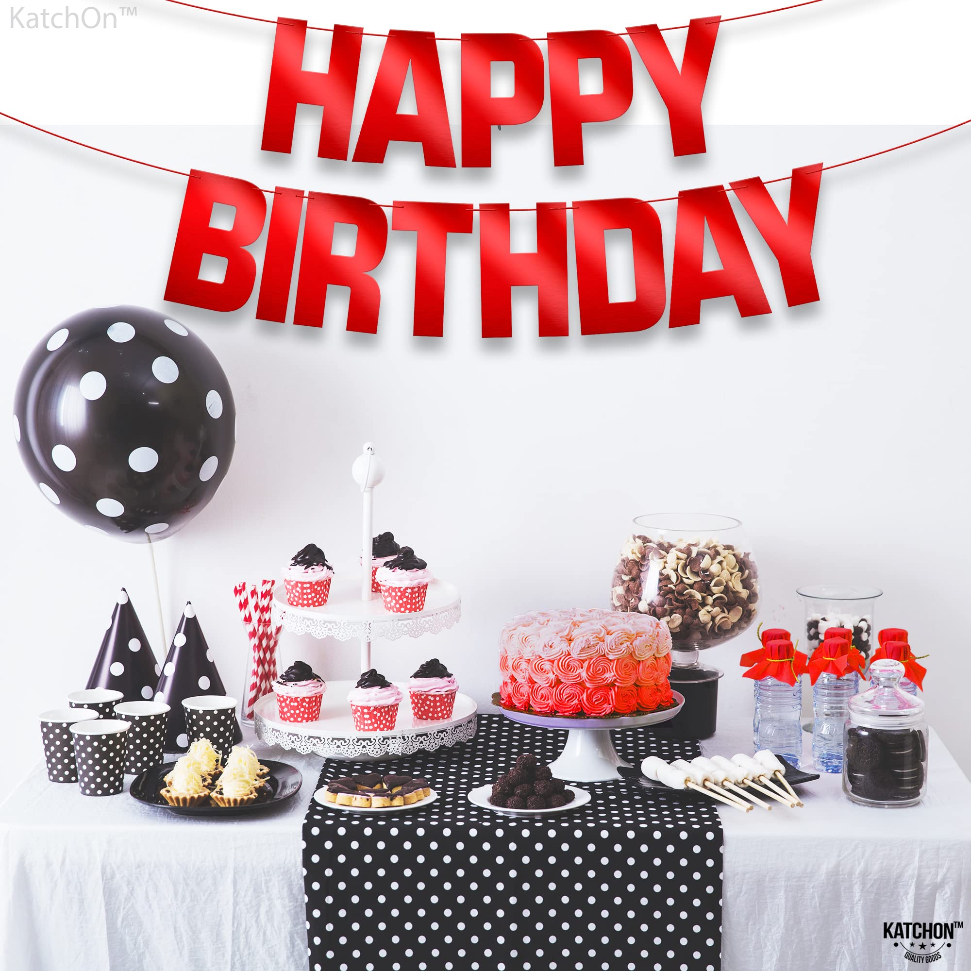 KatchOn Red Happy Birthday Banner – Pre-Strung 10ft Shiny Cardstock for Birthday Decor