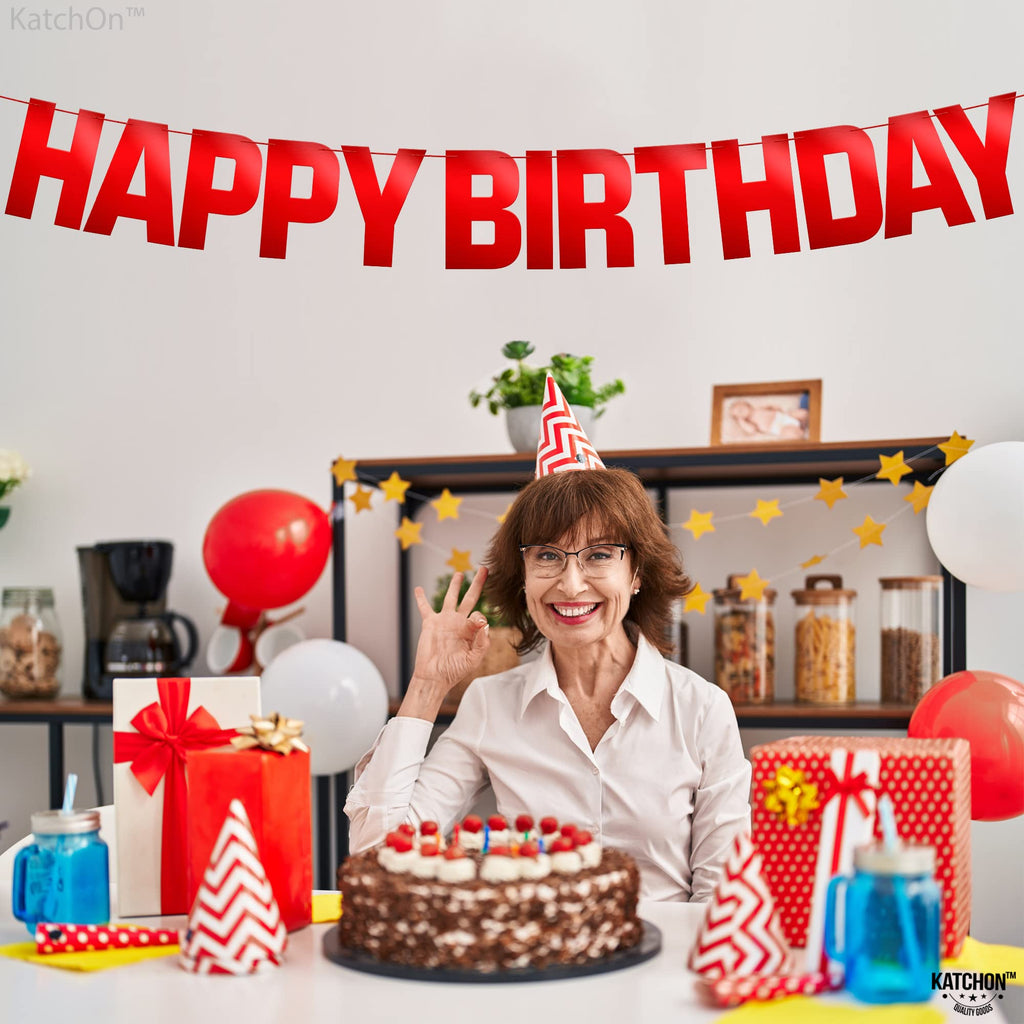 KatchOn Red Happy Birthday Banner – Pre-Strung 10ft Shiny Cardstock for Birthday Decor