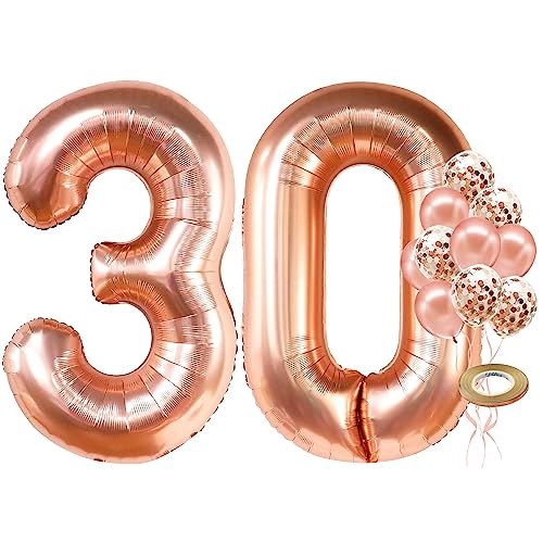 KatchOn Rose Gold 40-Inch Number 30 Balloon Set with Confetti & Banner for 30th Birthday or Anniversary