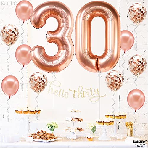 KatchOn Rose Gold 40-Inch Number 30 Balloon Set with Confetti & Banner for 30th Birthday or Anniversary