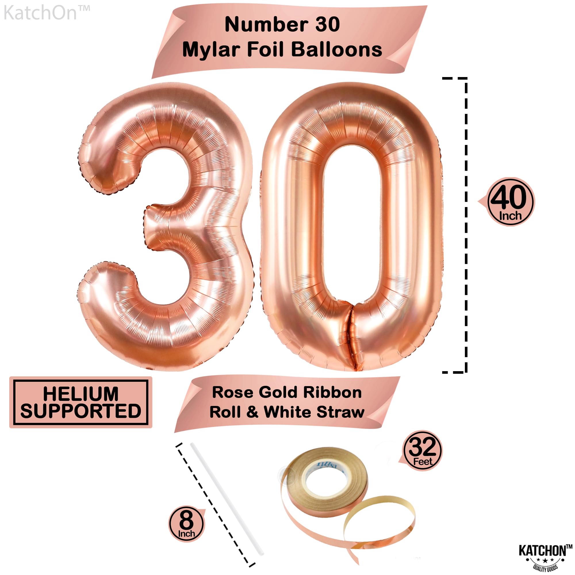 KatchOn Rose Gold 40-Inch Number 30 Balloon Set with Confetti & Banner for 30th Birthday or Anniversary