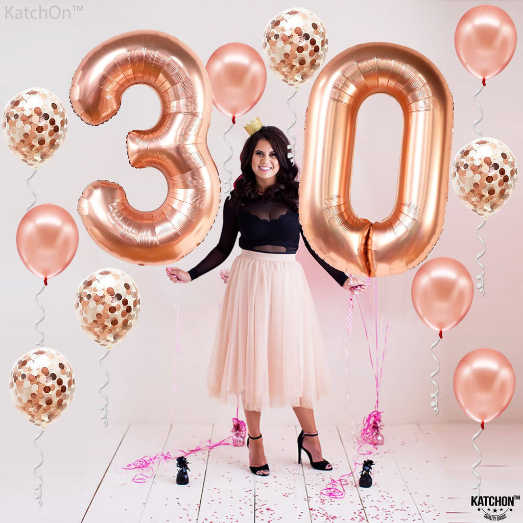 KatchOn Rose Gold 40-Inch Number 30 Balloon Set with Confetti & Banner for 30th Birthday or Anniversary