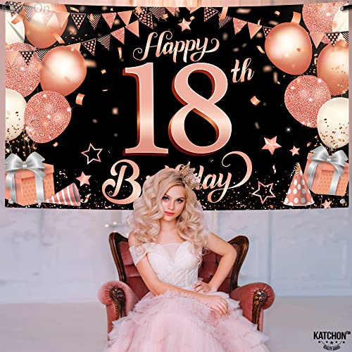 KatchOn Rose Gold Happy 18th Birthday Banner - 72x44 Inch Extra Large Sweet 18 Backdrop for Girls