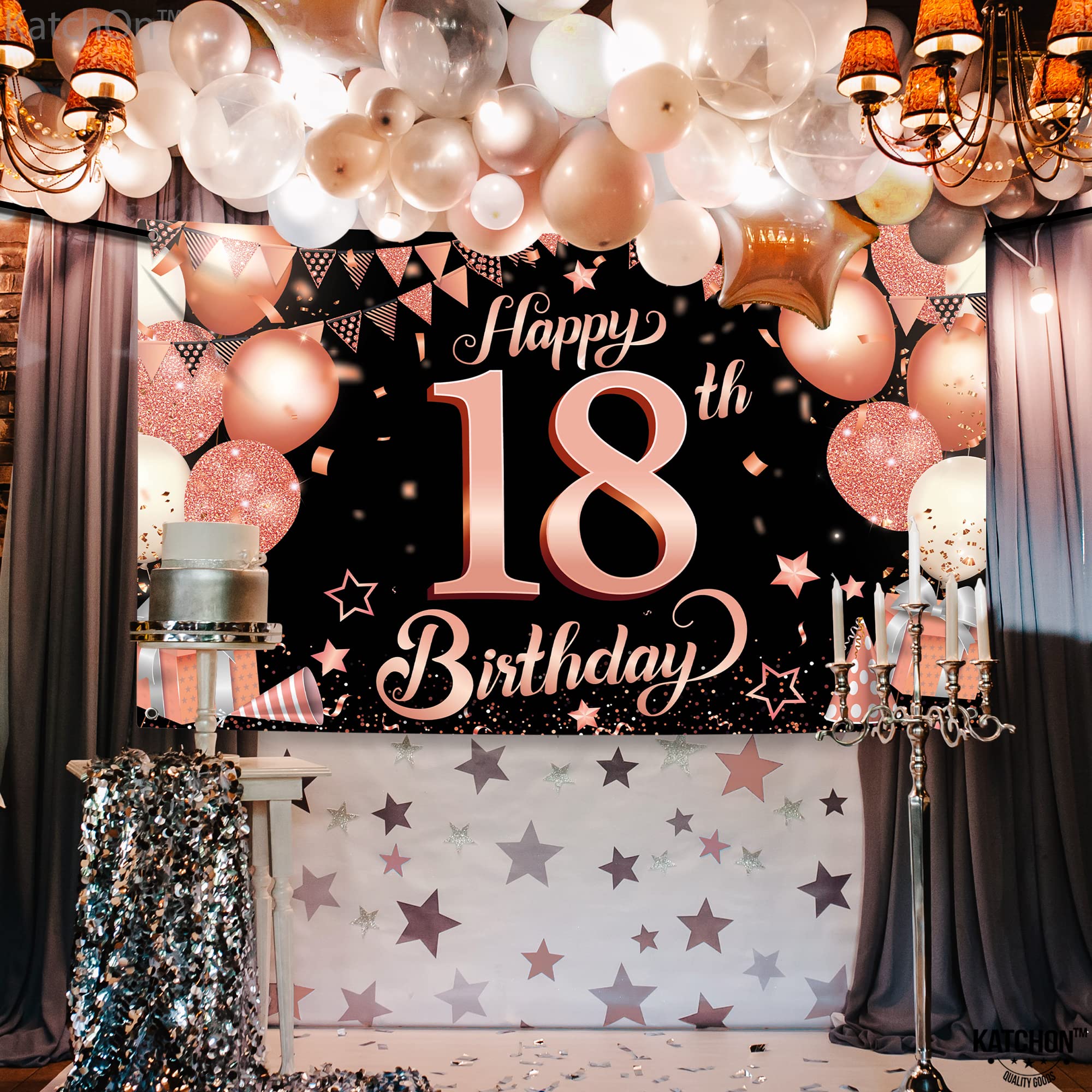 KatchOn Rose Gold Happy 18th Birthday Banner - 72x44 Inch Extra Large Sweet 18 Backdrop for Girls
