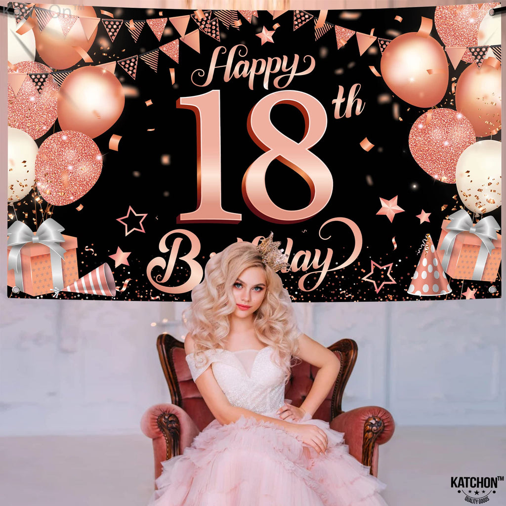 KatchOn Rose Gold Happy 18th Birthday Banner - 72x44 Inch Extra Large Sweet 18 Backdrop for Girls