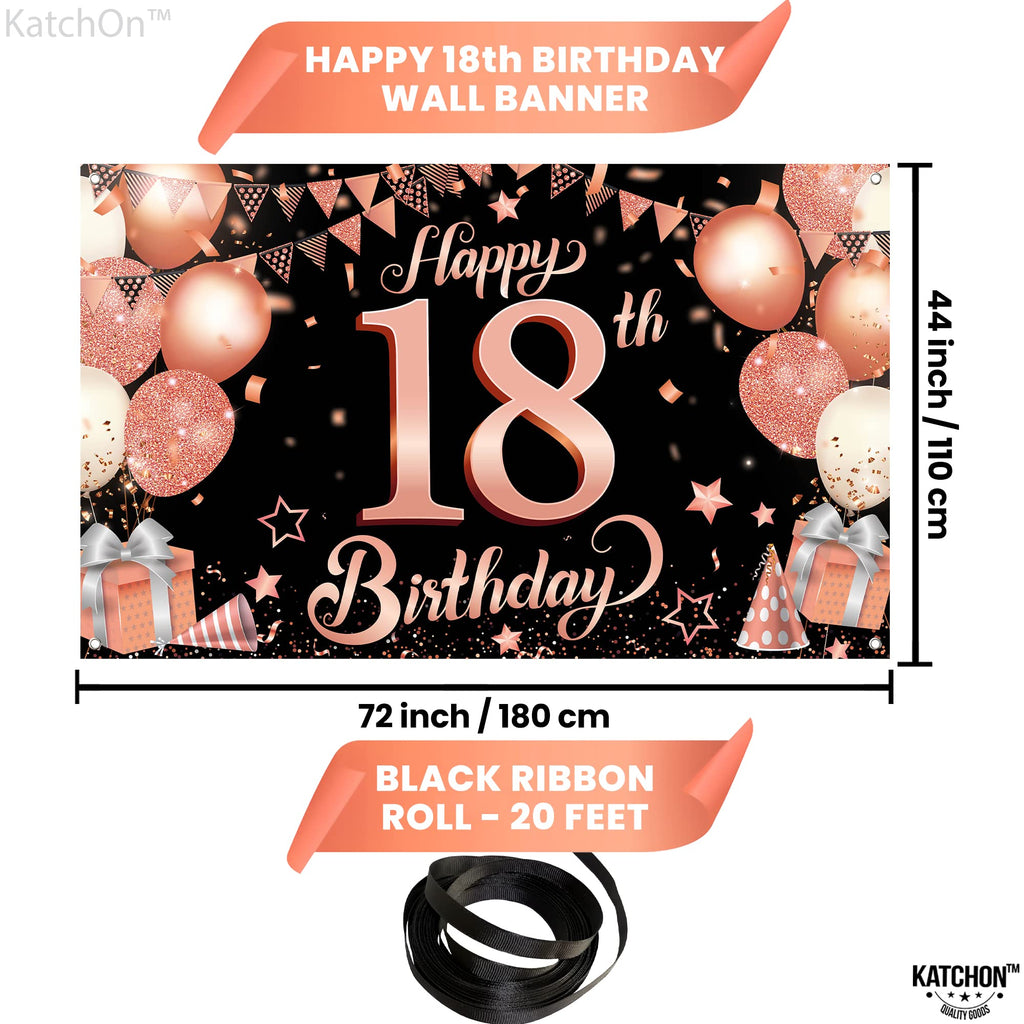 KatchOn Rose Gold Happy 18th Birthday Banner - 72x44 Inch Extra Large Sweet 18 Backdrop for Girls