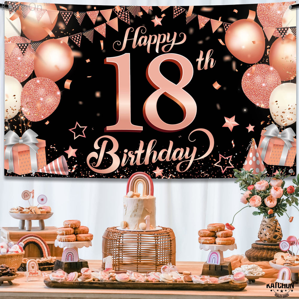 KatchOn Rose Gold Happy 18th Birthday Banner - 72x44 Inch Extra Large Sweet 18 Backdrop for Girls