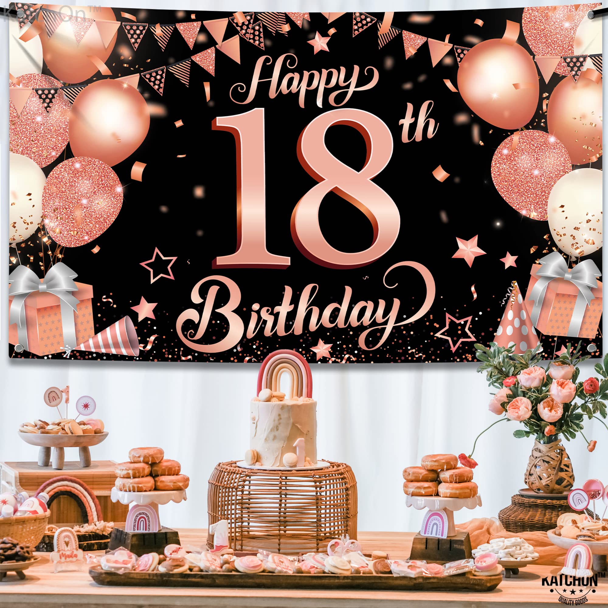 KatchOn Rose Gold Happy 18th Birthday Banner - 72x44 Inch Extra Large Sweet 18 Backdrop for Girls