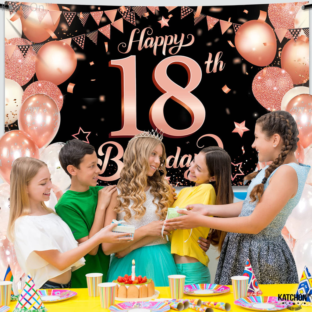 KatchOn Rose Gold Happy 18th Birthday Banner - 72x44 Inch Extra Large Sweet 18 Backdrop for Girls