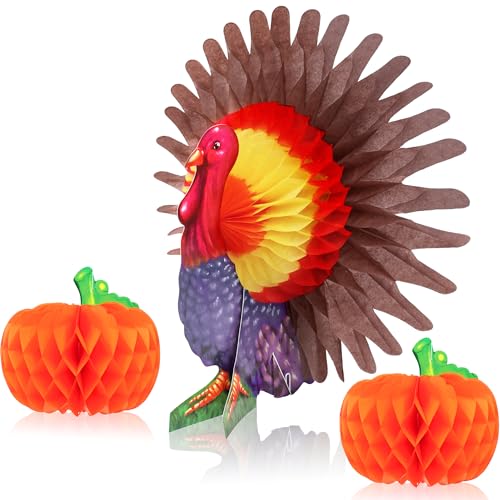 KatchOn Thanksgiving Centerpieces Pack of 3 – Turkey & Pumpkin Honeycomb Table Decorations