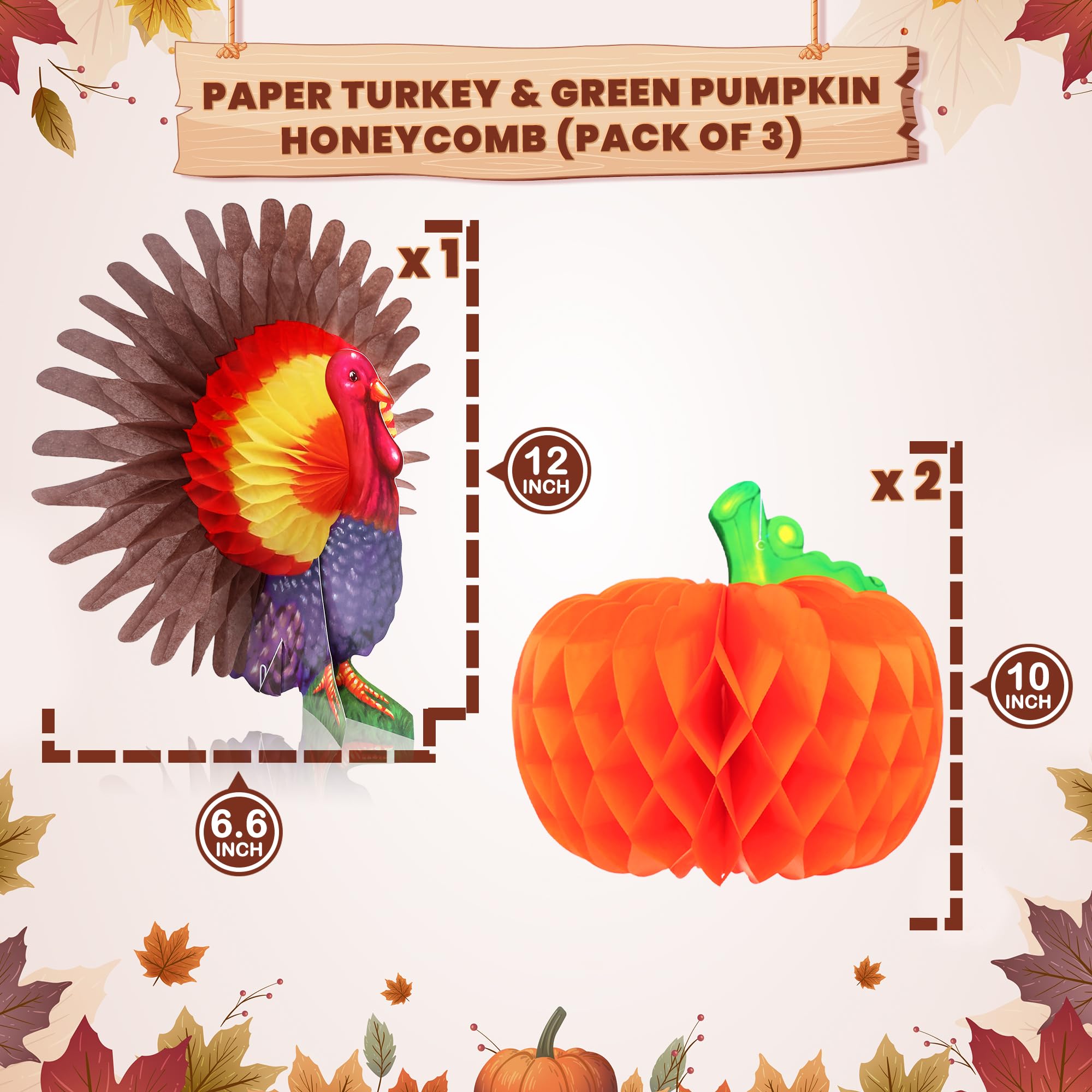 KatchOn Thanksgiving Centerpieces Pack of 3 – Turkey & Pumpkin Honeycomb Table Decorations