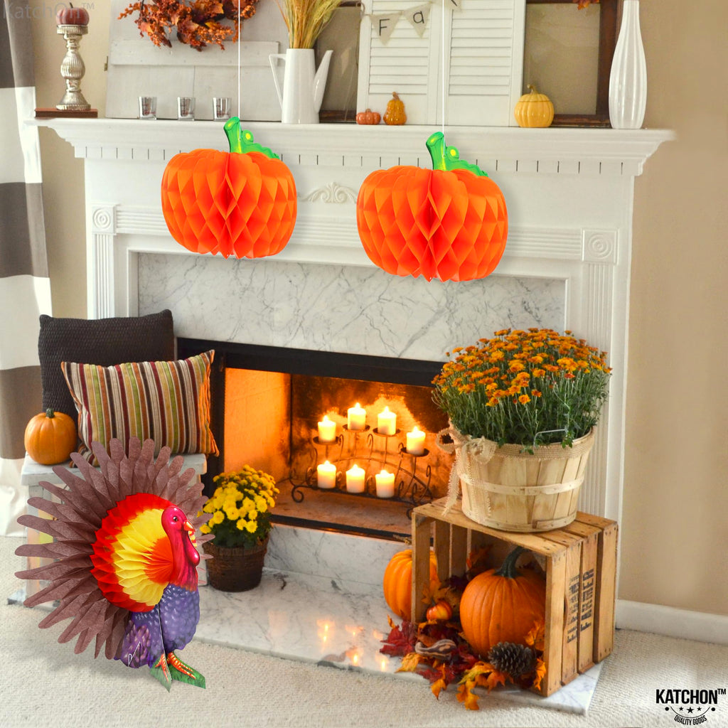 KatchOn Thanksgiving Centerpieces Pack of 3 – Turkey & Pumpkin Honeycomb Table Decorations