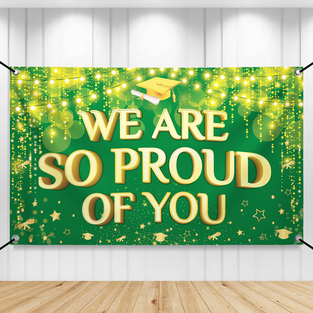 KatchOn We Are So Proud of You Banner – 72x44 Inch Green & Gold Graduation Backdrop for 2026 Party Decorations