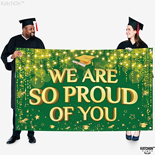 KatchOn We Are So Proud of You Banner – 72x44 Inch Green & Gold Graduation Backdrop for 2026 Party Decorations