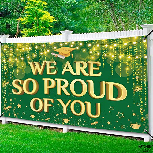 KatchOn We Are So Proud of You Banner – 72x44 Inch Green & Gold Graduation Backdrop for 2026 Party Decorations