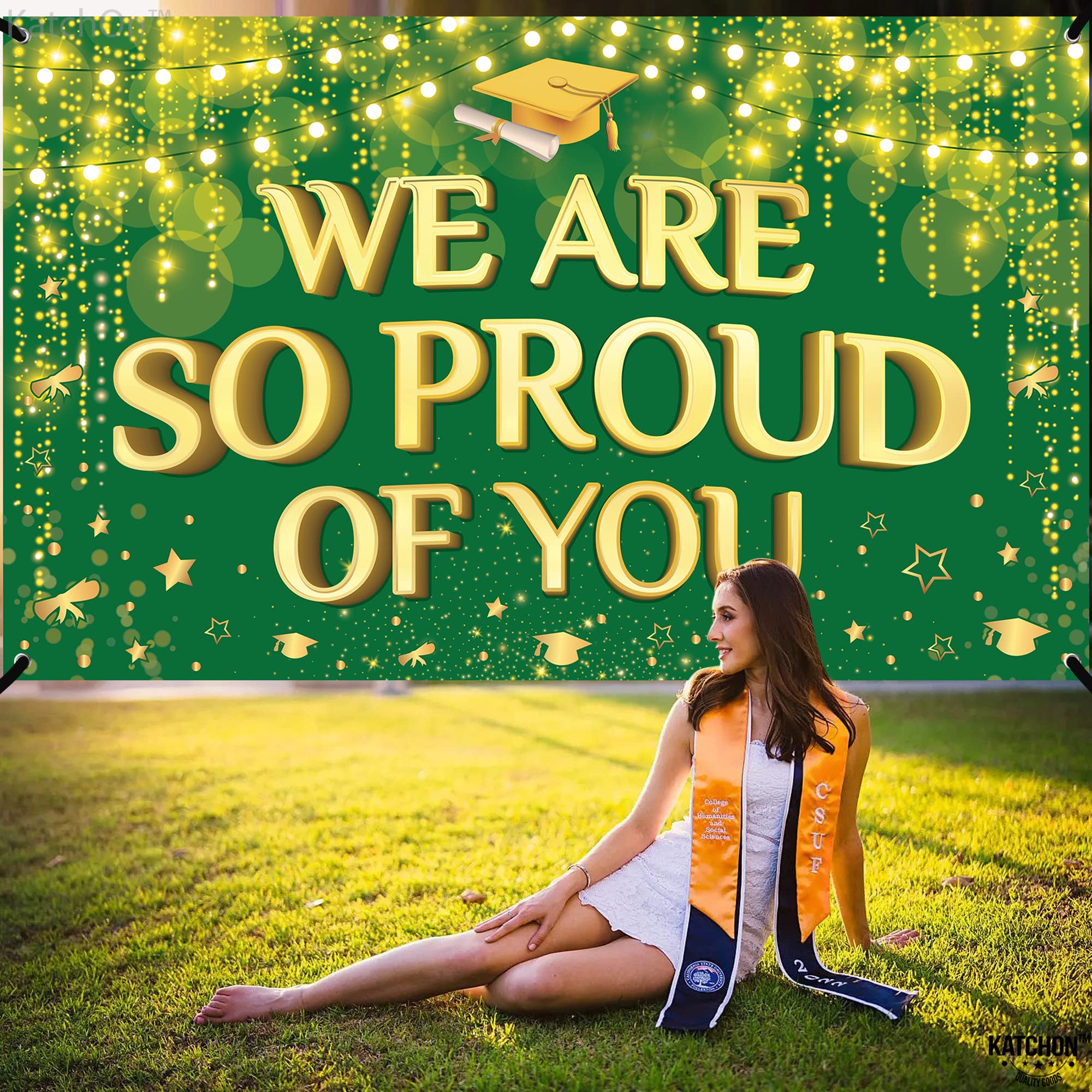 KatchOn We Are So Proud of You Banner – 72x44 Inch Green & Gold Graduation Backdrop for 2026 Party Decorations