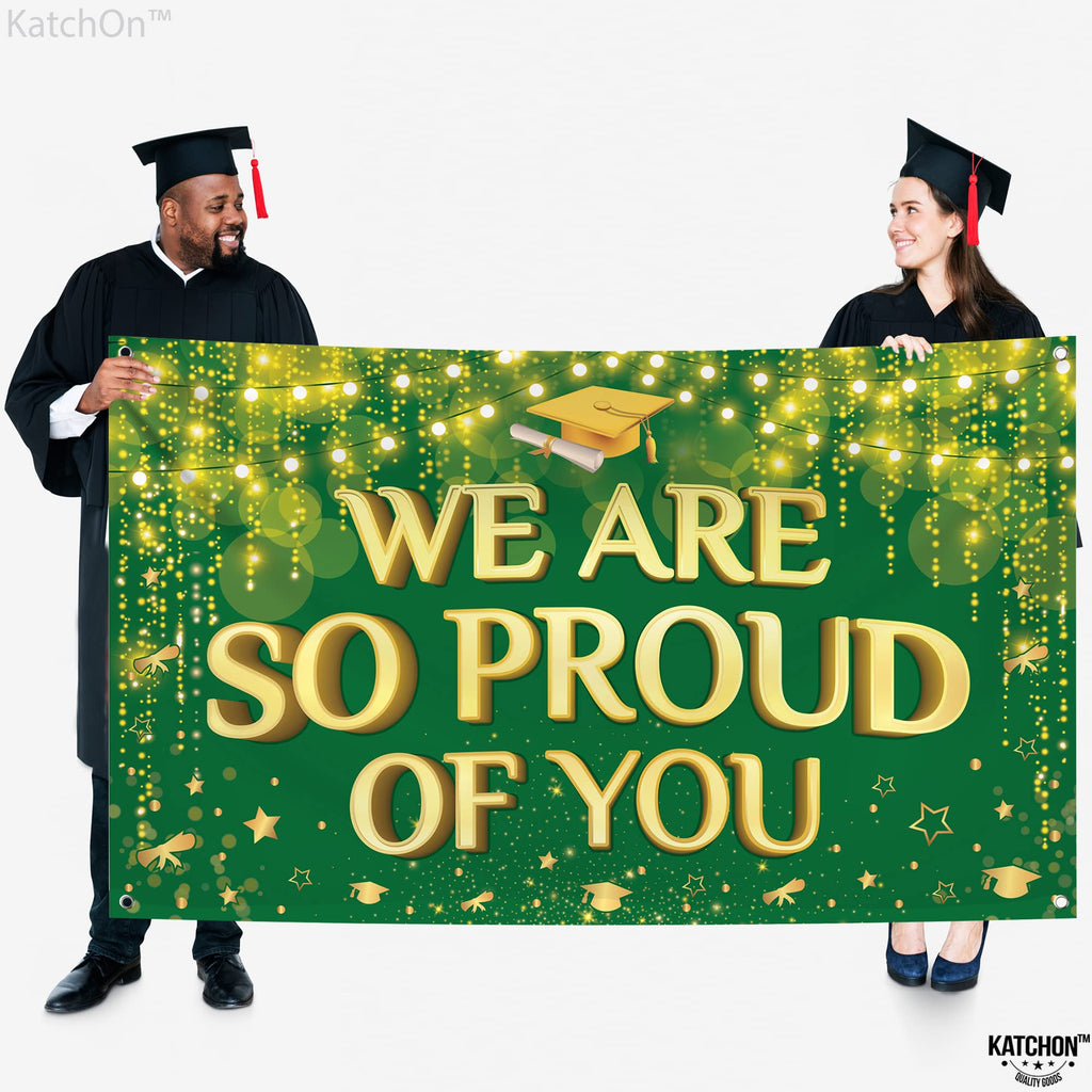 KatchOn We Are So Proud of You Banner – 72x44 Inch Green & Gold Graduation Backdrop for 2026 Party Decorations