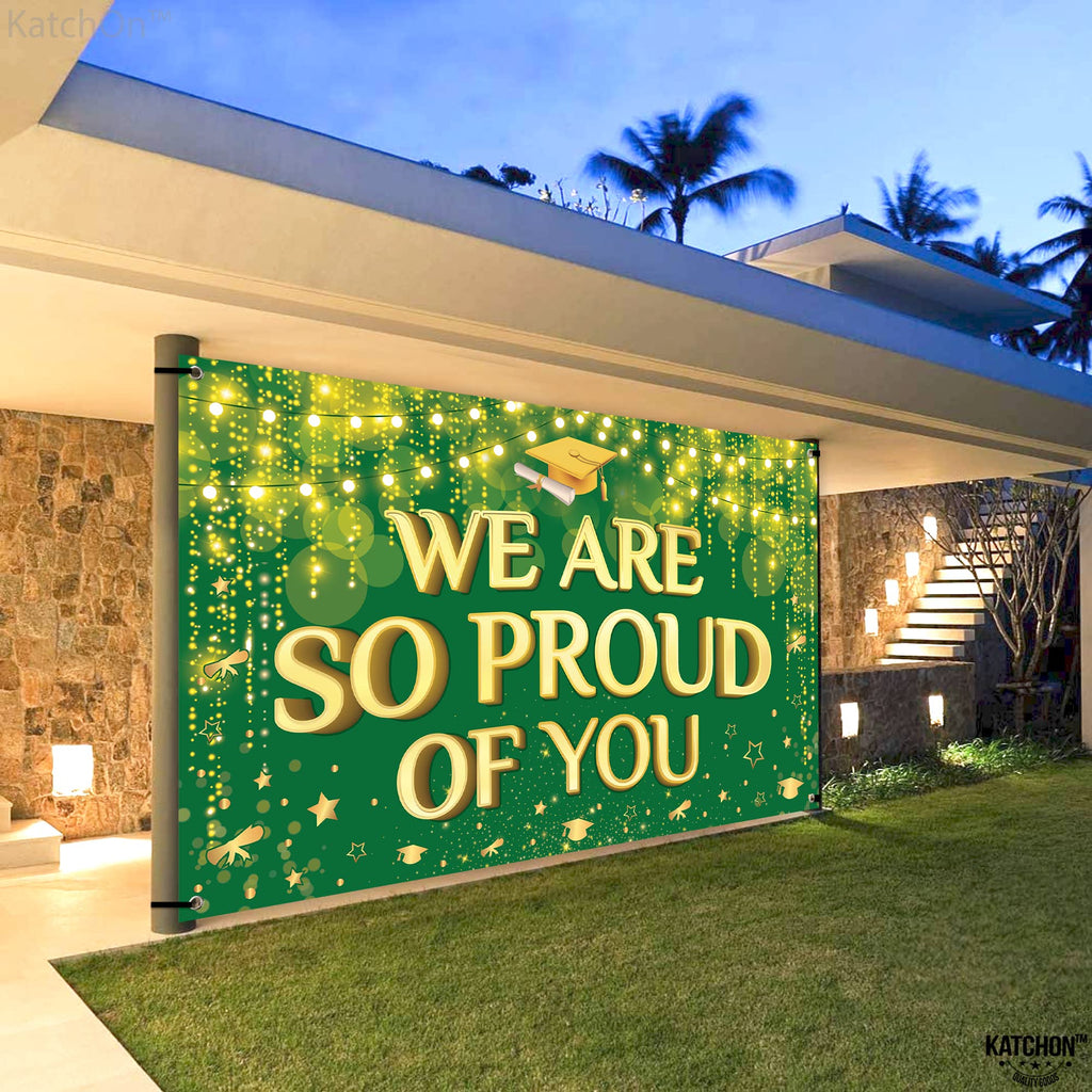 KatchOn We Are So Proud of You Banner – 72x44 Inch Green & Gold Graduation Backdrop for 2026 Party Decorations