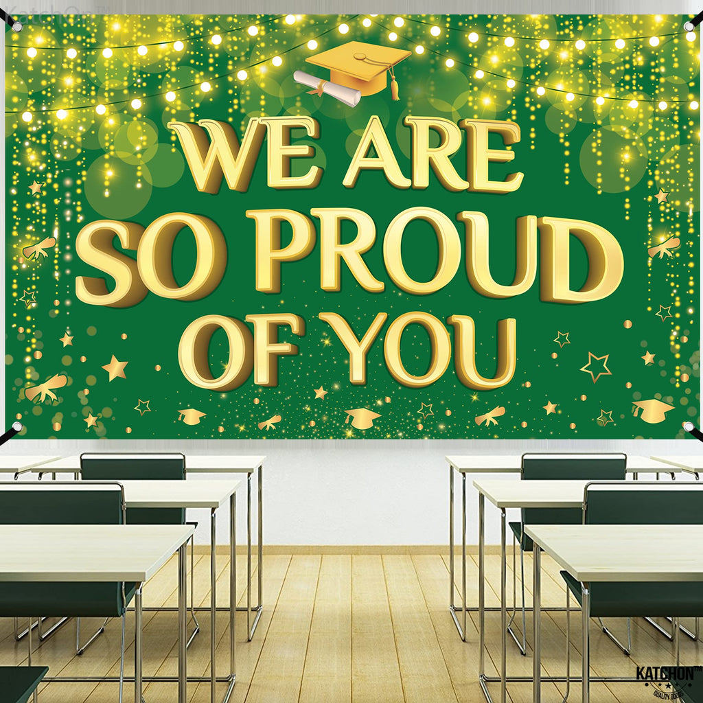 KatchOn We Are So Proud of You Banner – 72x44 Inch Green & Gold Graduation Backdrop for 2026 Party Decorations