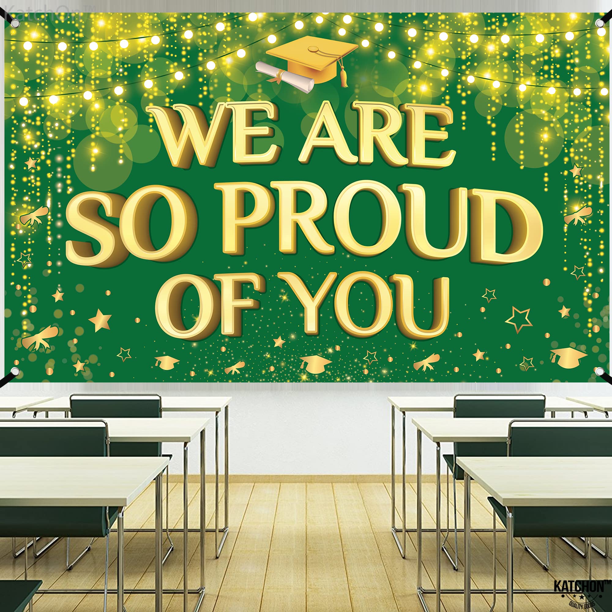 KatchOn We Are So Proud of You Banner – 72x44 Inch Green & Gold Graduation Backdrop for 2026 Party Decorations