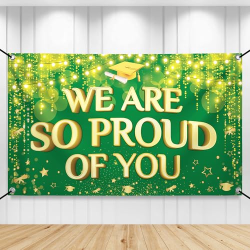 KatchOn We Are So Proud of You Banner – 72x44 Inch Green & Gold Graduation Backdrop for 2026 Party Decorations