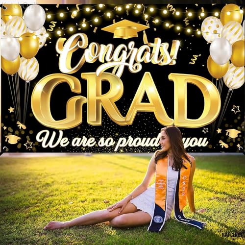 KatchOn Xtralarge Congrats Grad Banner 72x44 Inch - Black & Gold Graduation Decorations Class of 2026