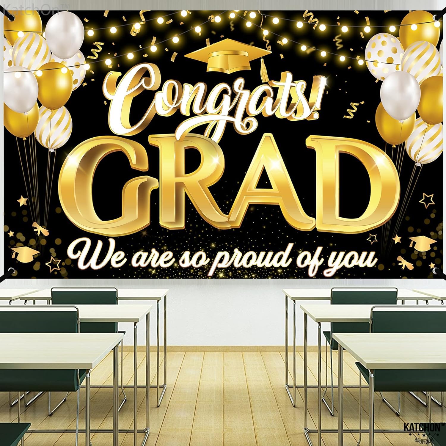KatchOn Xtralarge Congrats Grad Banner 72x44 Inch - Black & Gold Graduation Decorations Class of 2026