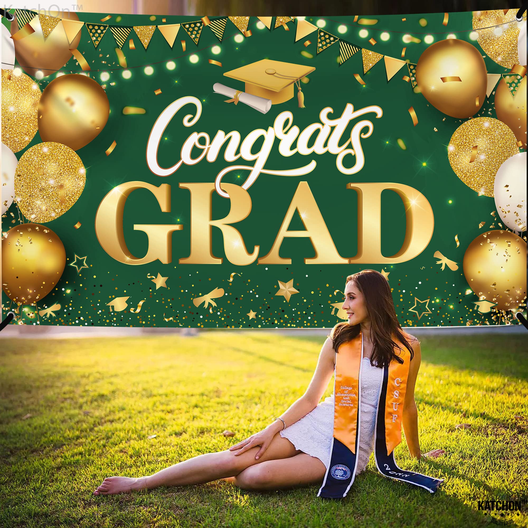 KatchOn XtraLarge Green & Gold Graduation Banner 2026 - 72x44 Inch Cloth Backdrop for Class of 2026