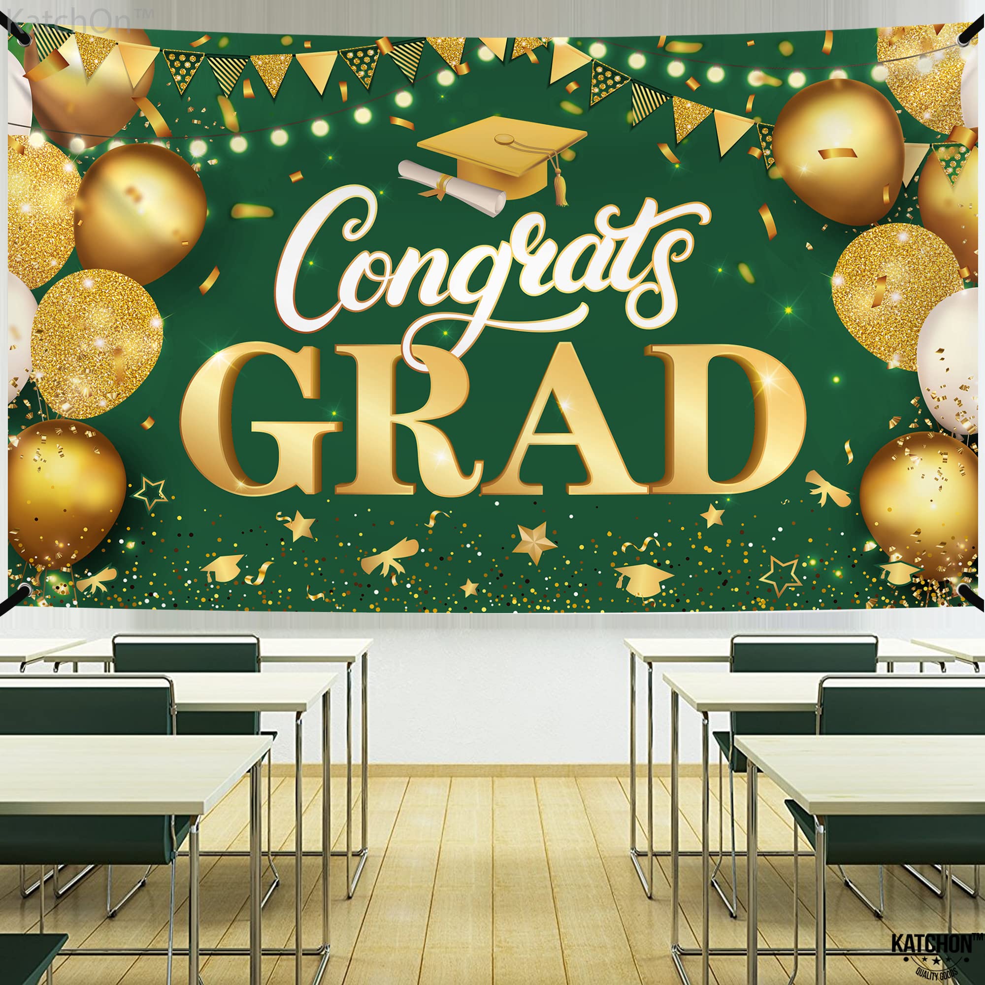 KatchOn XtraLarge Green & Gold Graduation Banner 2026 - 72x44 Inch Cloth Backdrop for Class of 2026