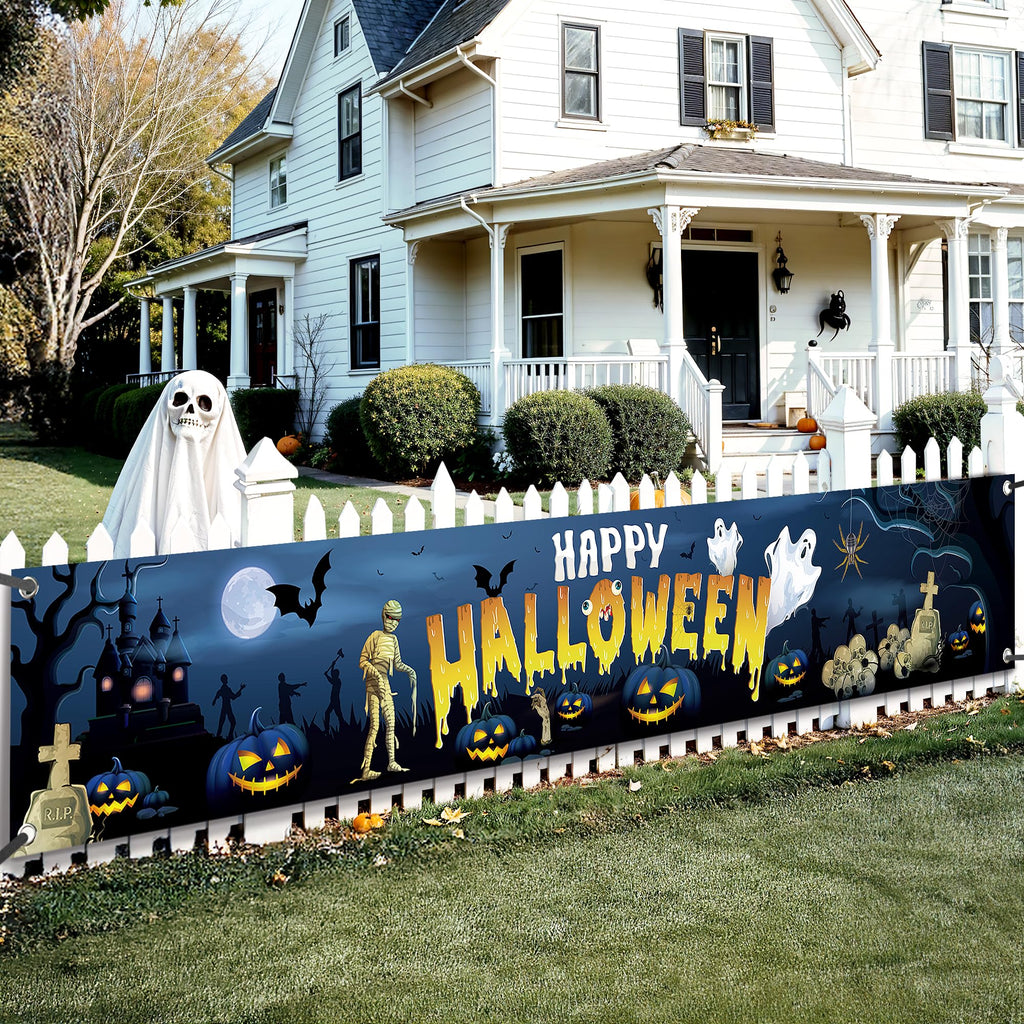 KatchOn XtraLarge Happy Halloween Banner – 120x20 Inch Blue Yard Decoration