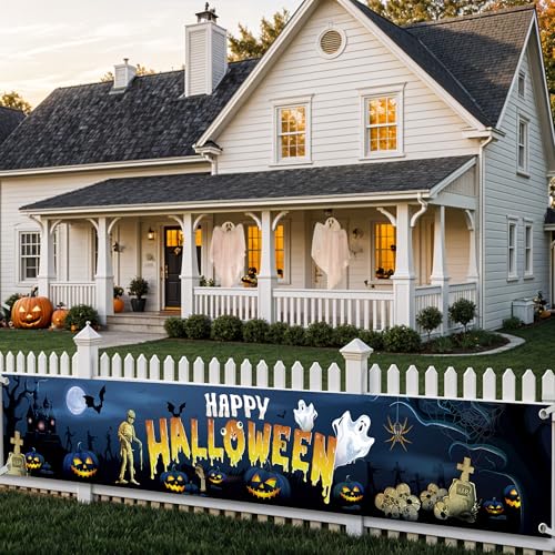 KatchOn XtraLarge Happy Halloween Banner – 120x20 Inch Blue Yard Decoration