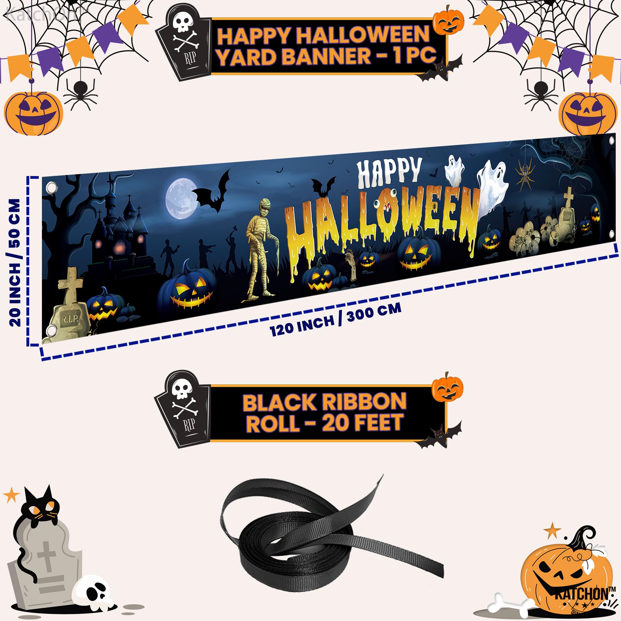 KatchOn XtraLarge Happy Halloween Banner – 120x20 Inch Blue Yard Decoration