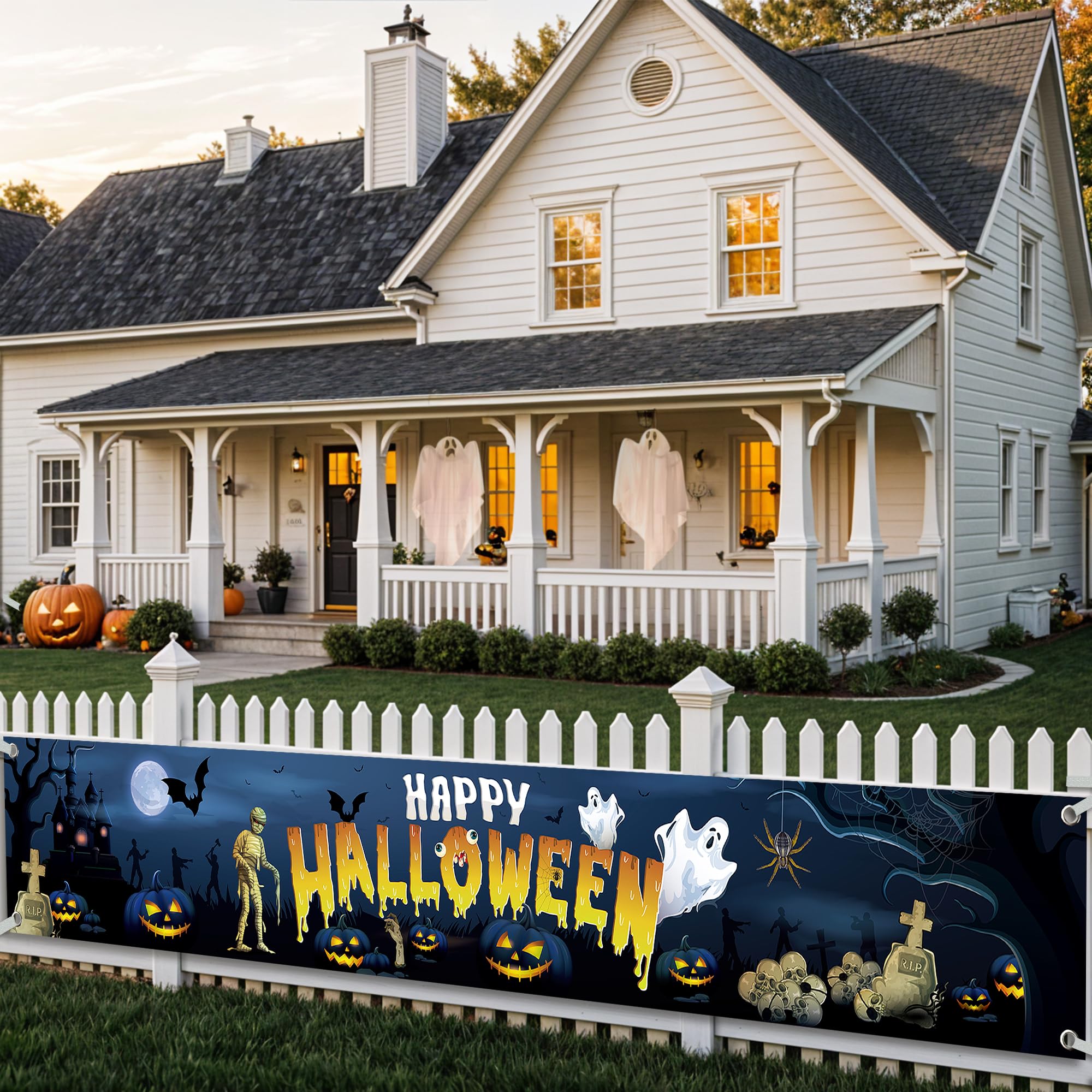 KatchOn XtraLarge Happy Halloween Banner – 120x20 Inch Blue Yard Decoration
