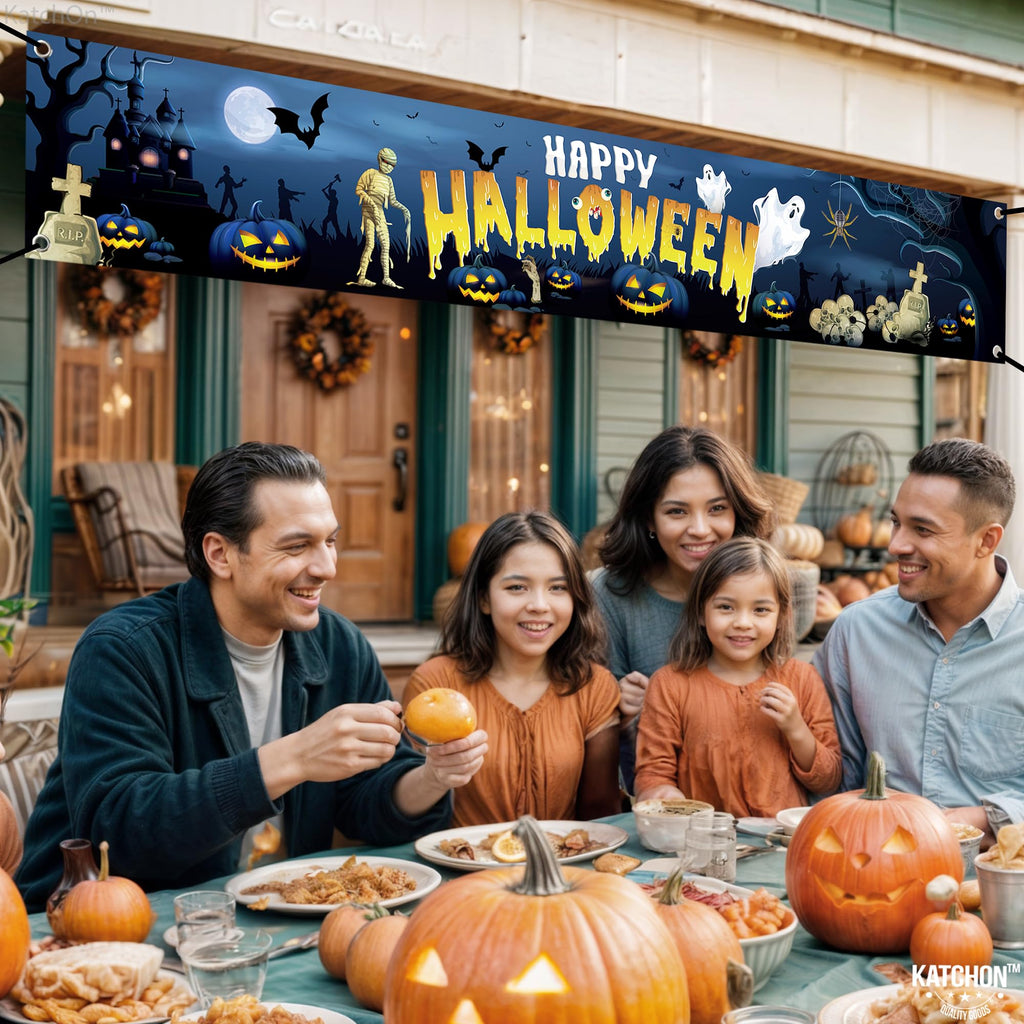KatchOn XtraLarge Happy Halloween Banner – 120x20 Inch Blue Yard Decoration