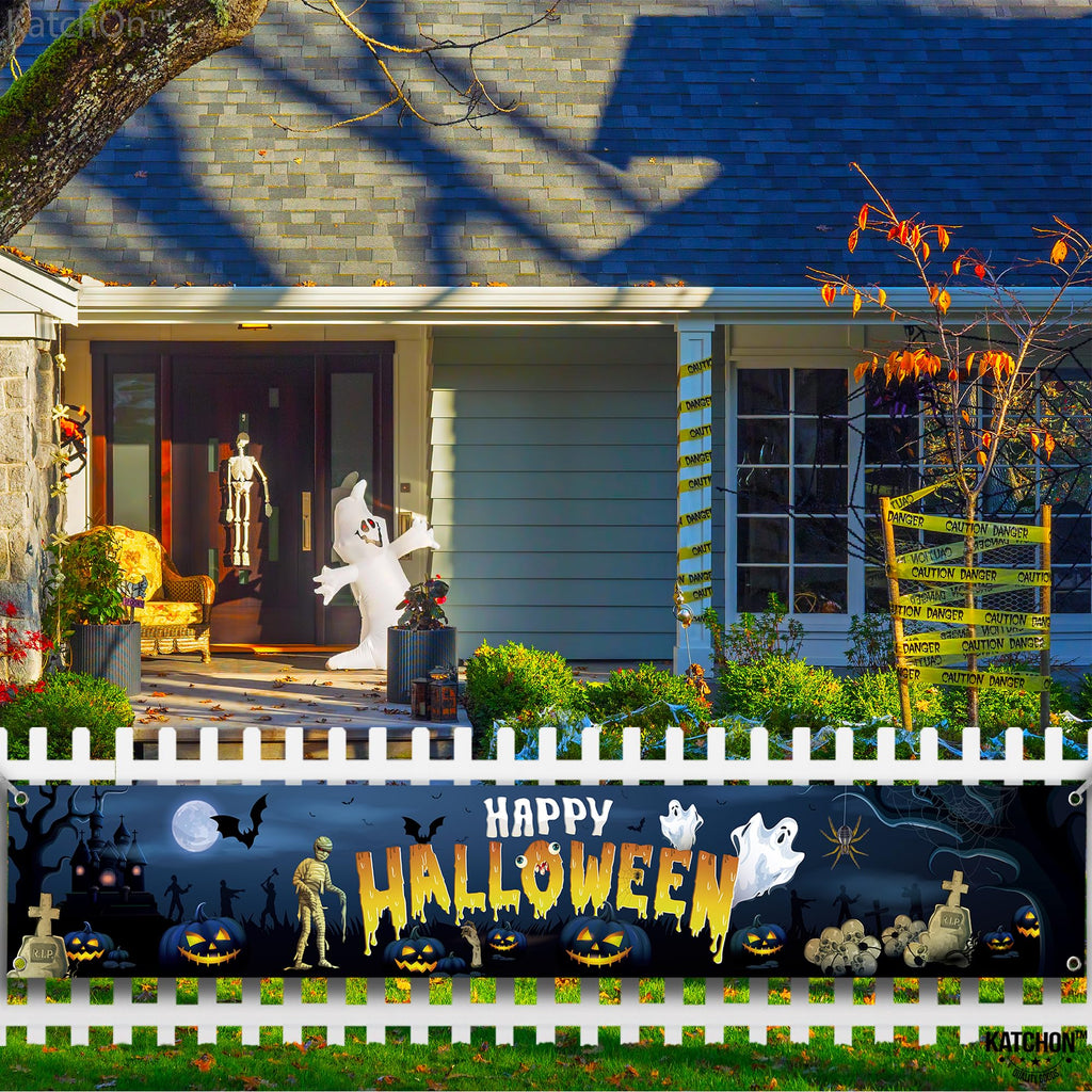 KatchOn XtraLarge Happy Halloween Banner – 120x20 Inch Blue Yard Decoration