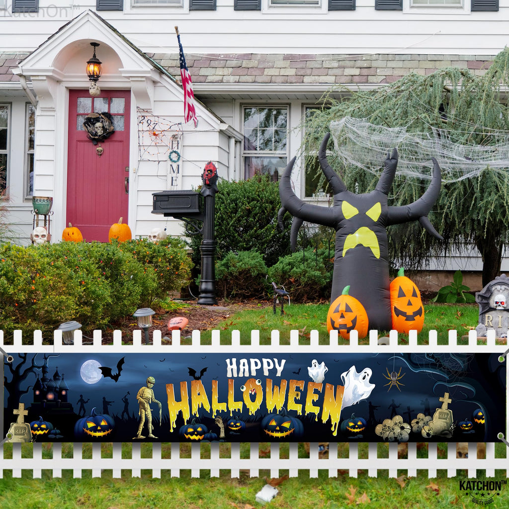 KatchOn XtraLarge Happy Halloween Banner – 120x20 Inch Blue Yard Decoration