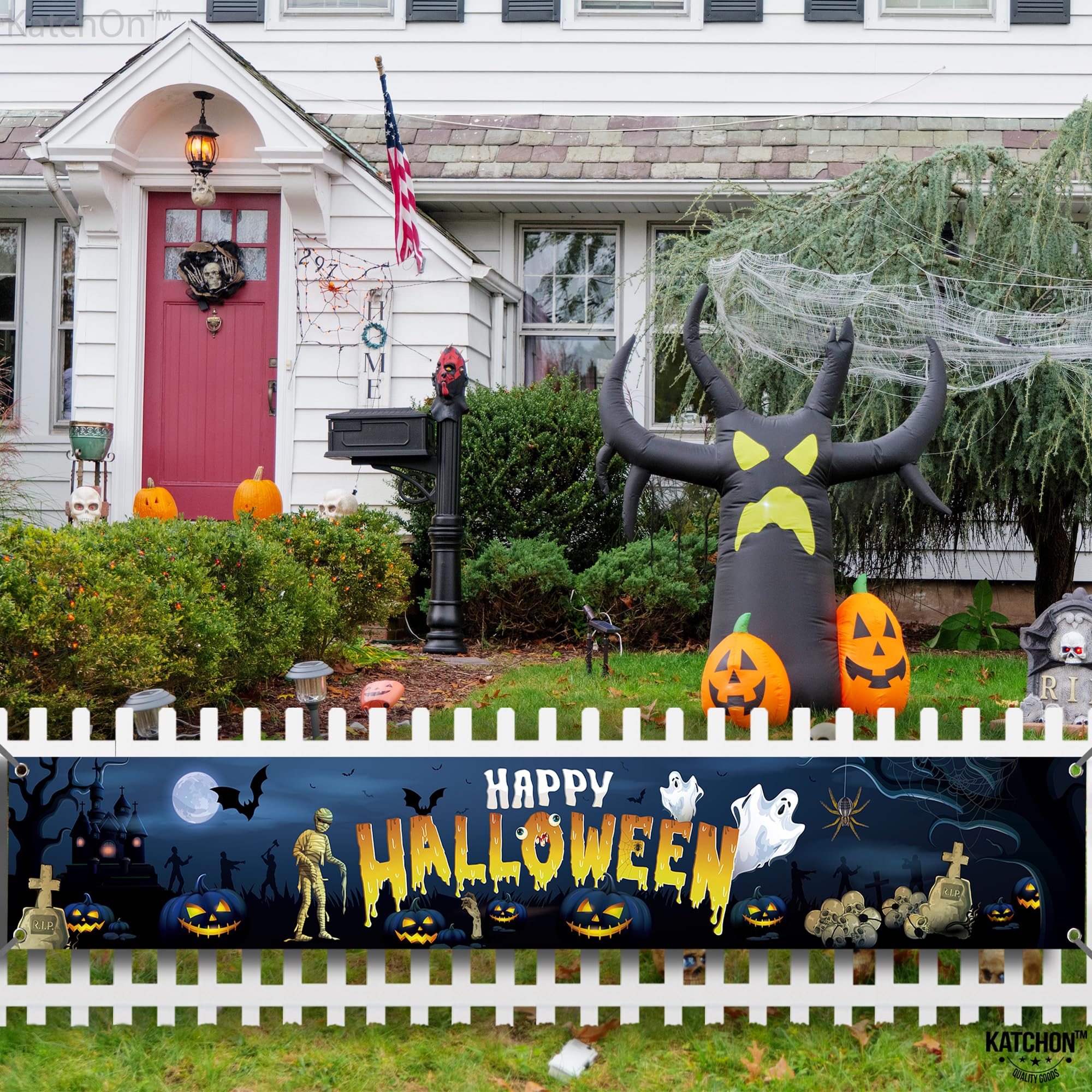 KatchOn XtraLarge Happy Halloween Banner – 120x20 Inch Blue Yard Decoration
