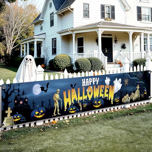 KatchOn XtraLarge Happy Halloween Banner – 120x20 Inch Blue Yard Decoration