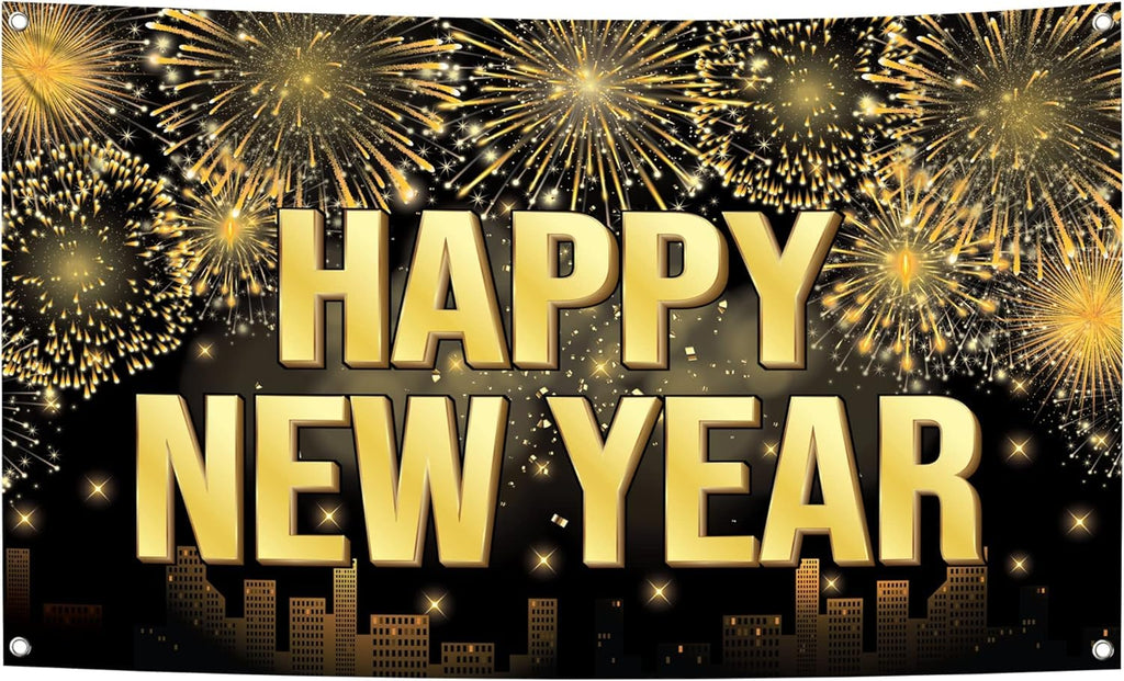 KatchOn XtraLarge Happy New Year Banner 2026 – 72x44 Inch Black and Gold NYE Backdrop