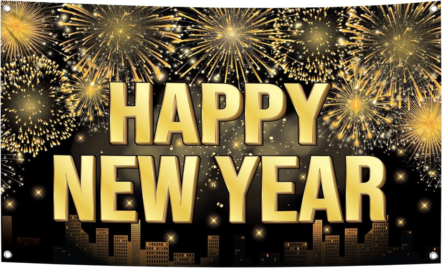 KatchOn XtraLarge Happy New Year Banner 2026 – 72x44 Inch Black and Gold NYE Backdrop