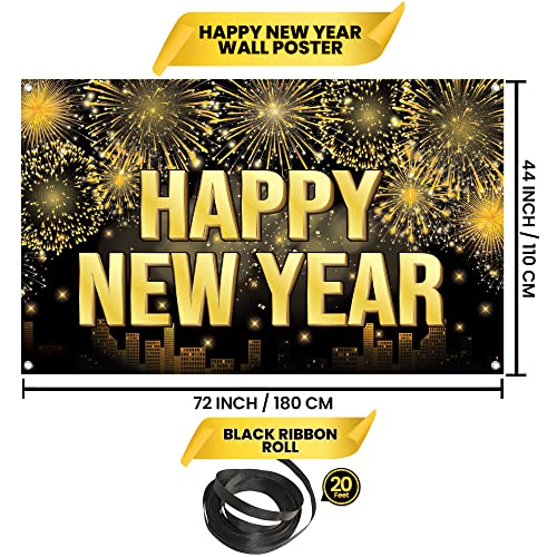 KatchOn XtraLarge Happy New Year Banner 2026 – 72x44 Inch Black and Gold NYE Backdrop