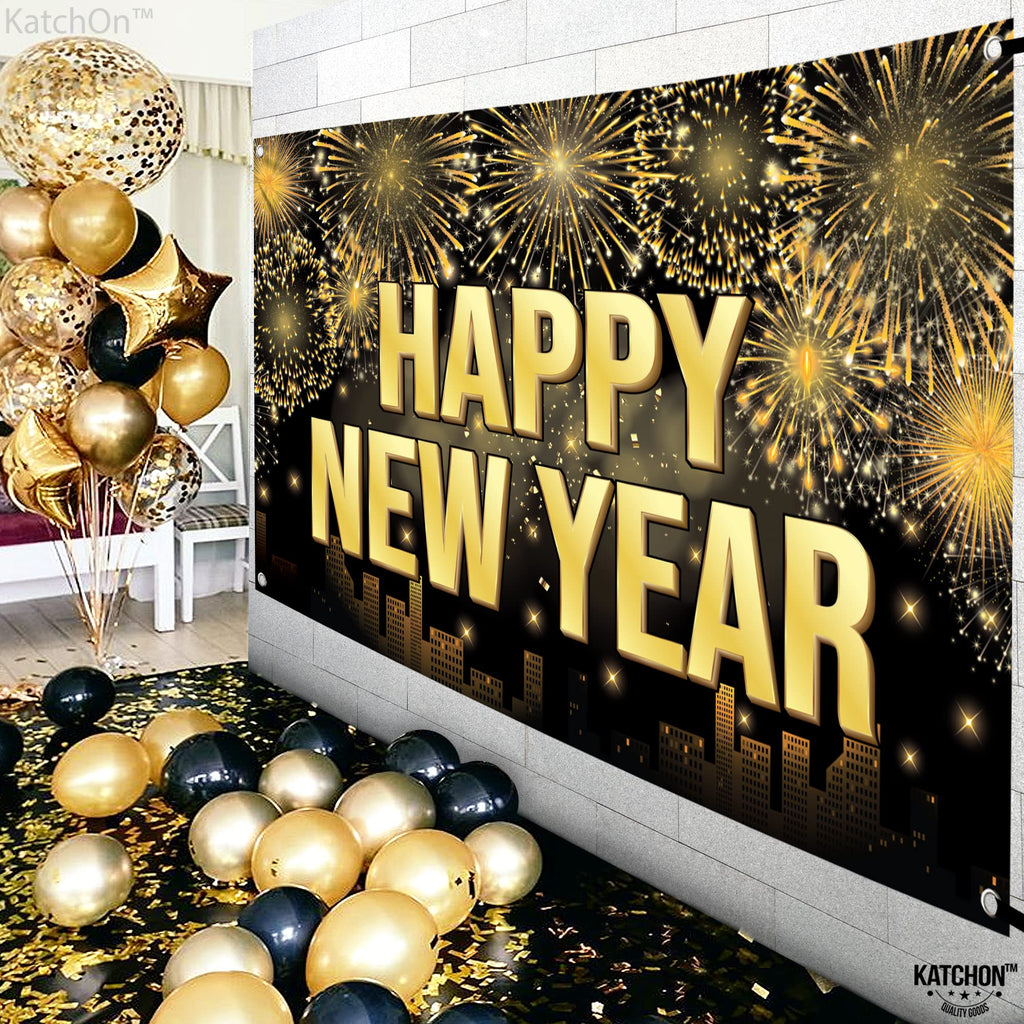 KatchOn XtraLarge Happy New Year Banner 2026 – 72x44 Inch Black and Gold NYE Backdrop
