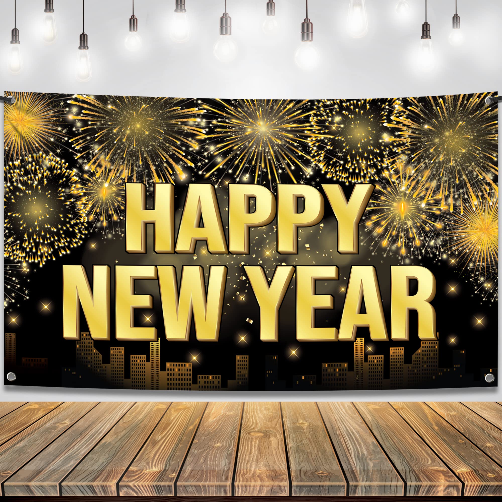 KatchOn XtraLarge Happy New Year Banner 2026 – 72x44 Inch Black and Gold NYE Backdrop