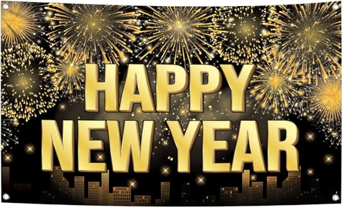 KatchOn XtraLarge Happy New Year Banner 2026 – 72x44 Inch Black and Gold NYE Backdrop