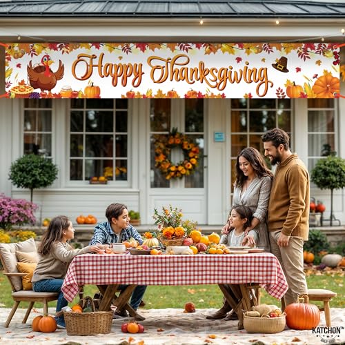 KatchOn Xtralarge Happy Thanksgiving Banner Outdoor - 120x20 Inch Yard Decor