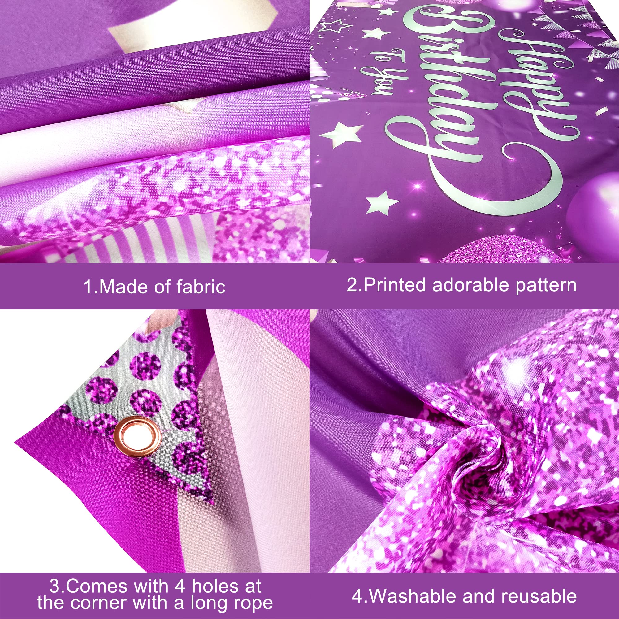 KatchOn XtraLarge Purple Happy Birthday Banner - 72x44 Inch Cloth Backdrop for Birthday Decorations, Reusable Party Banner with Silver & Rose Gold Accents