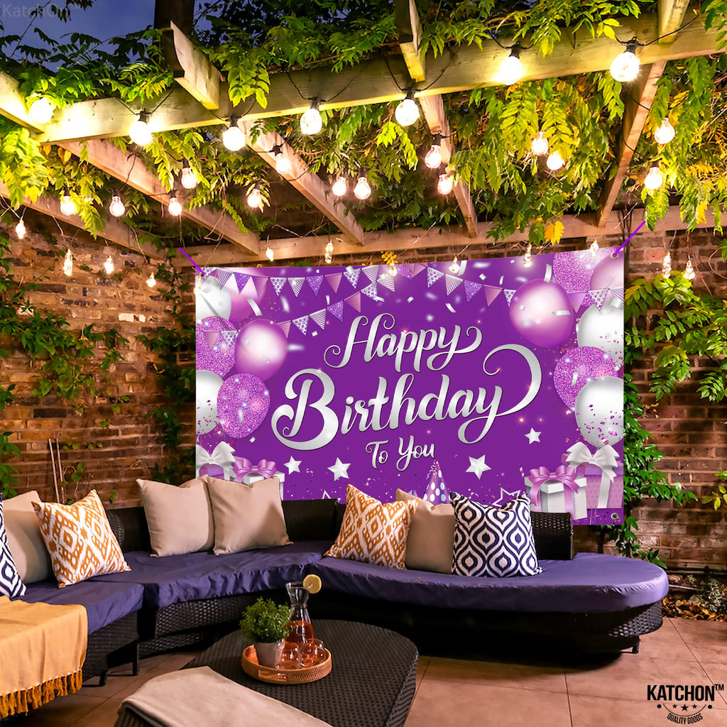 KatchOn XtraLarge Purple Happy Birthday Banner - 72x44 Inch Cloth Backdrop for Birthday Decorations, Reusable Party Banner with Silver & Rose Gold Accents